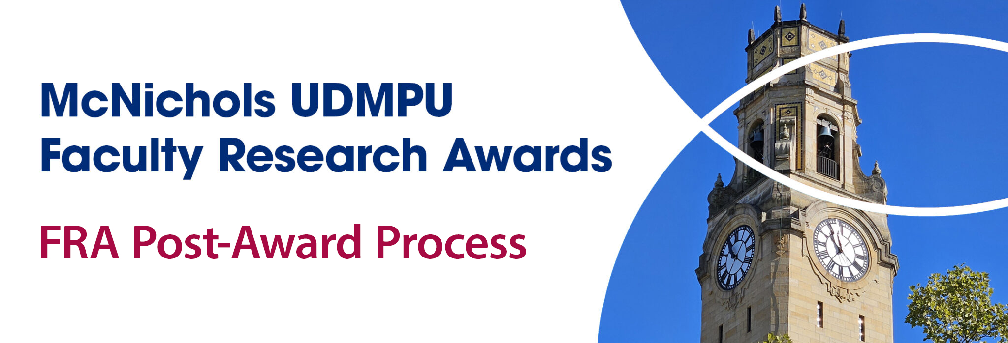 Image of the university clock tower reading FRA post-award process